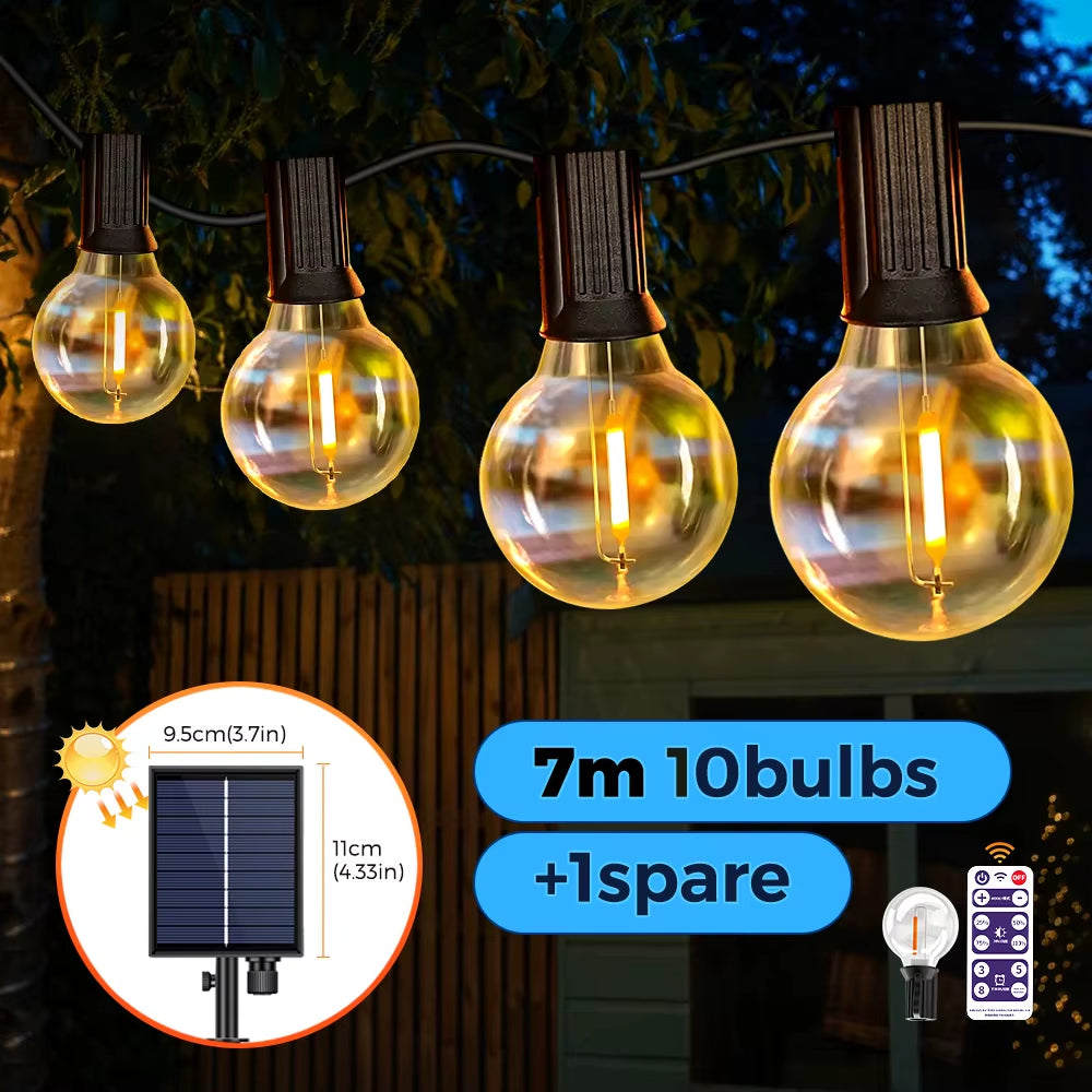 G40 Globe Solar String Lights Outdoor, 8 Light Modes, USB Charge & Remote, Waterproof Plastic Bulbs for Balcony Garland Wedding