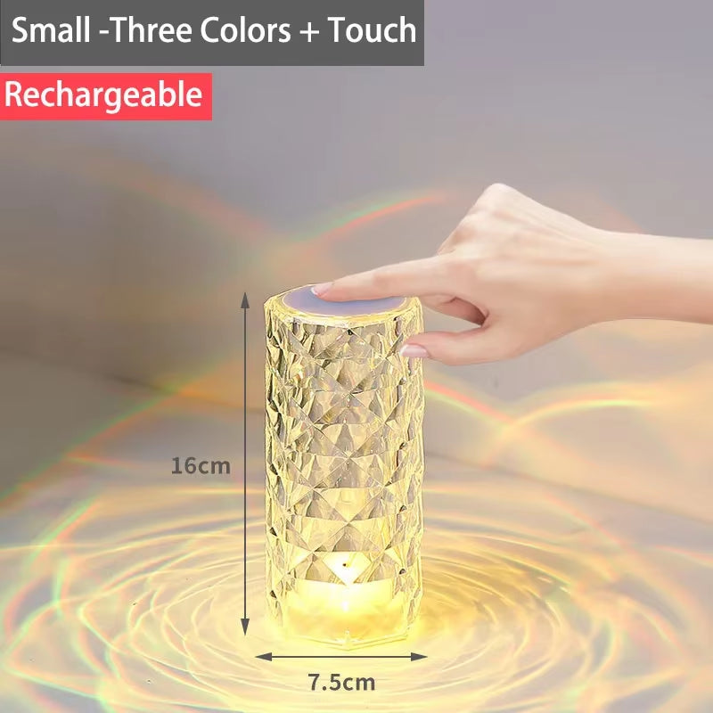 Crystal Diamond Table Lamp Rechargeable Acrylic Bedroom Bedside Ambiance Lamp Rose Decorative Lamp Touch Creative Night Lights