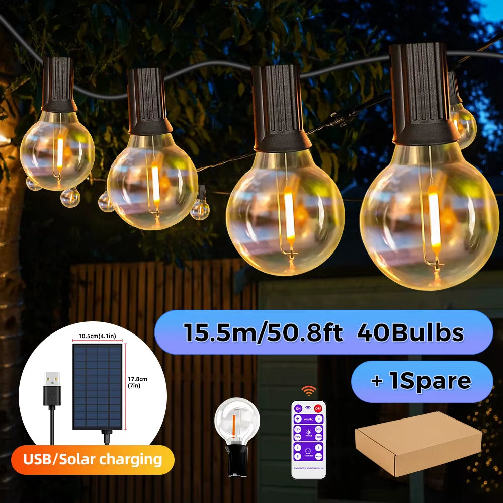 G40 Globe Solar String Lights Outdoor, 8 Light Modes, USB Charge & Remote, Waterproof Plastic Bulbs for Balcony Garland Wedding