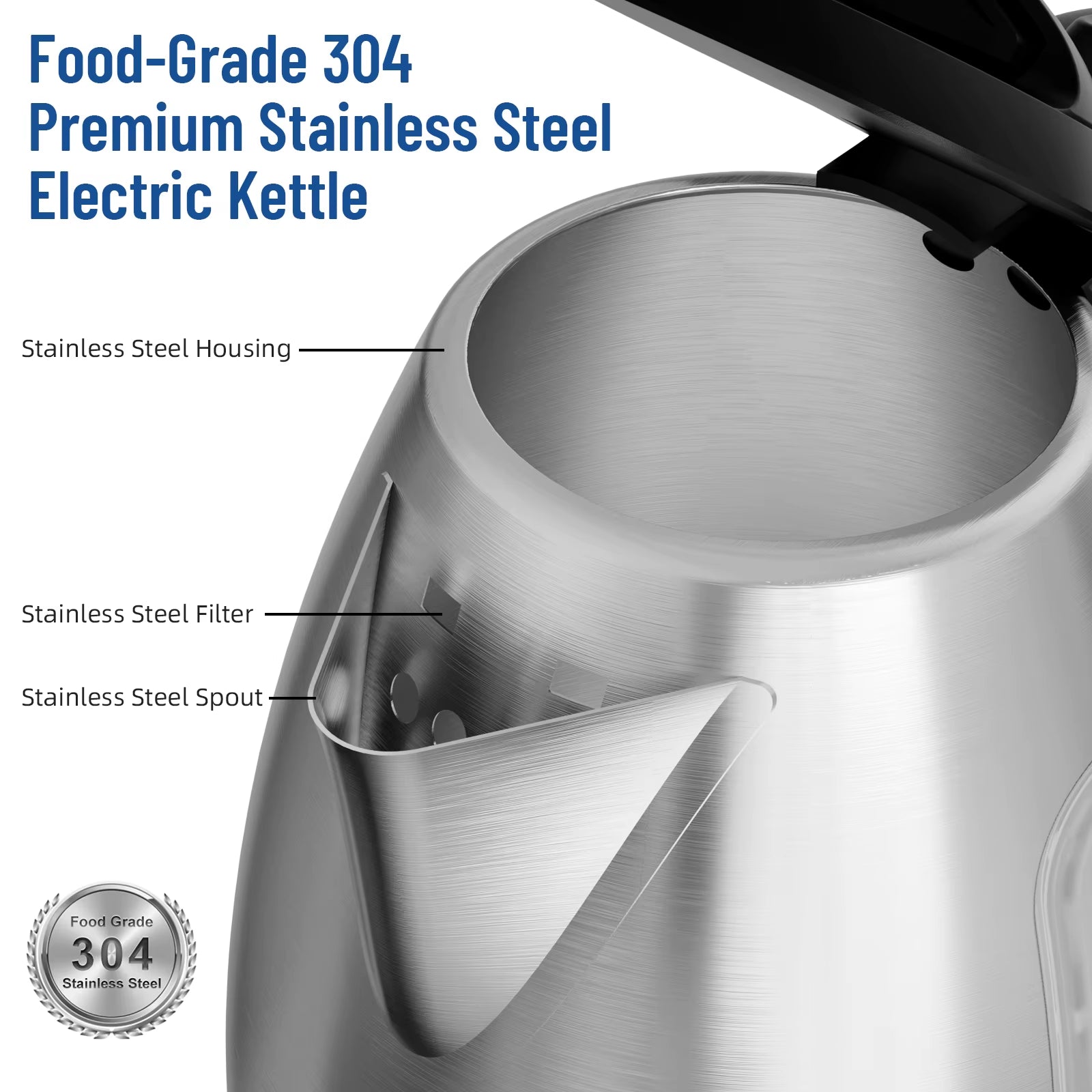 Stainless Steel Electric Kettle, 1.8 Liter Tea Kettle Electric & Hot Water Kettle, 1500W Fast Boil with LED Light, Auto Shut-Off