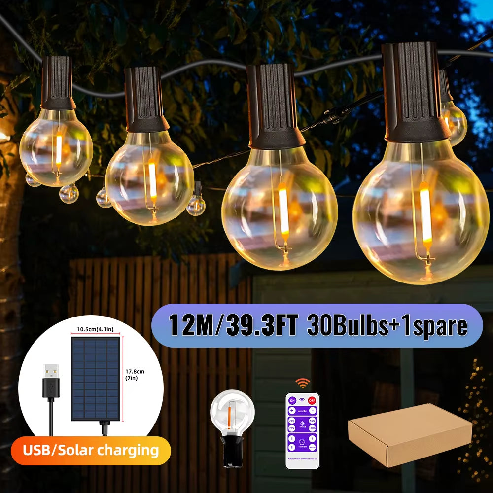 G40 Globe Solar String Lights Outdoor, 8 Light Modes, USB Charge & Remote, Waterproof Plastic Bulbs for Balcony Garland Wedding