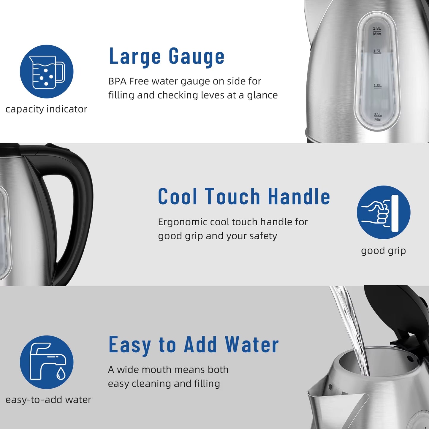 Stainless Steel Electric Kettle, 1.8 Liter Tea Kettle Electric & Hot Water Kettle, 1500W Fast Boil with LED Light, Auto Shut-Off