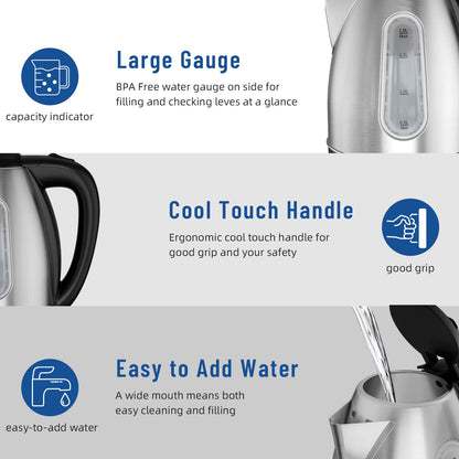 Stainless Steel Electric Kettle, 1.8 Liter Tea Kettle Electric & Hot Water Kettle, 1500W Fast Boil with LED Light, Auto Shut-Off