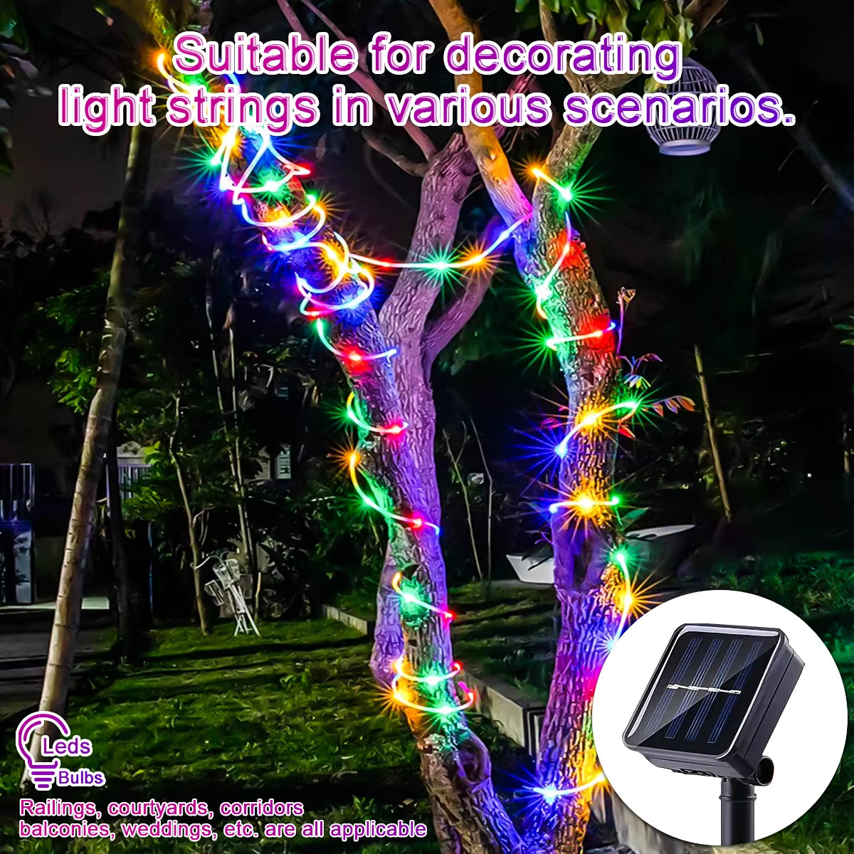 Solar 200 LED Rope Light Waterproof Outdoor Solar Powered Fairy Lights 8 Mode Christmas for Garden Yard Holiday Tree Decor Light