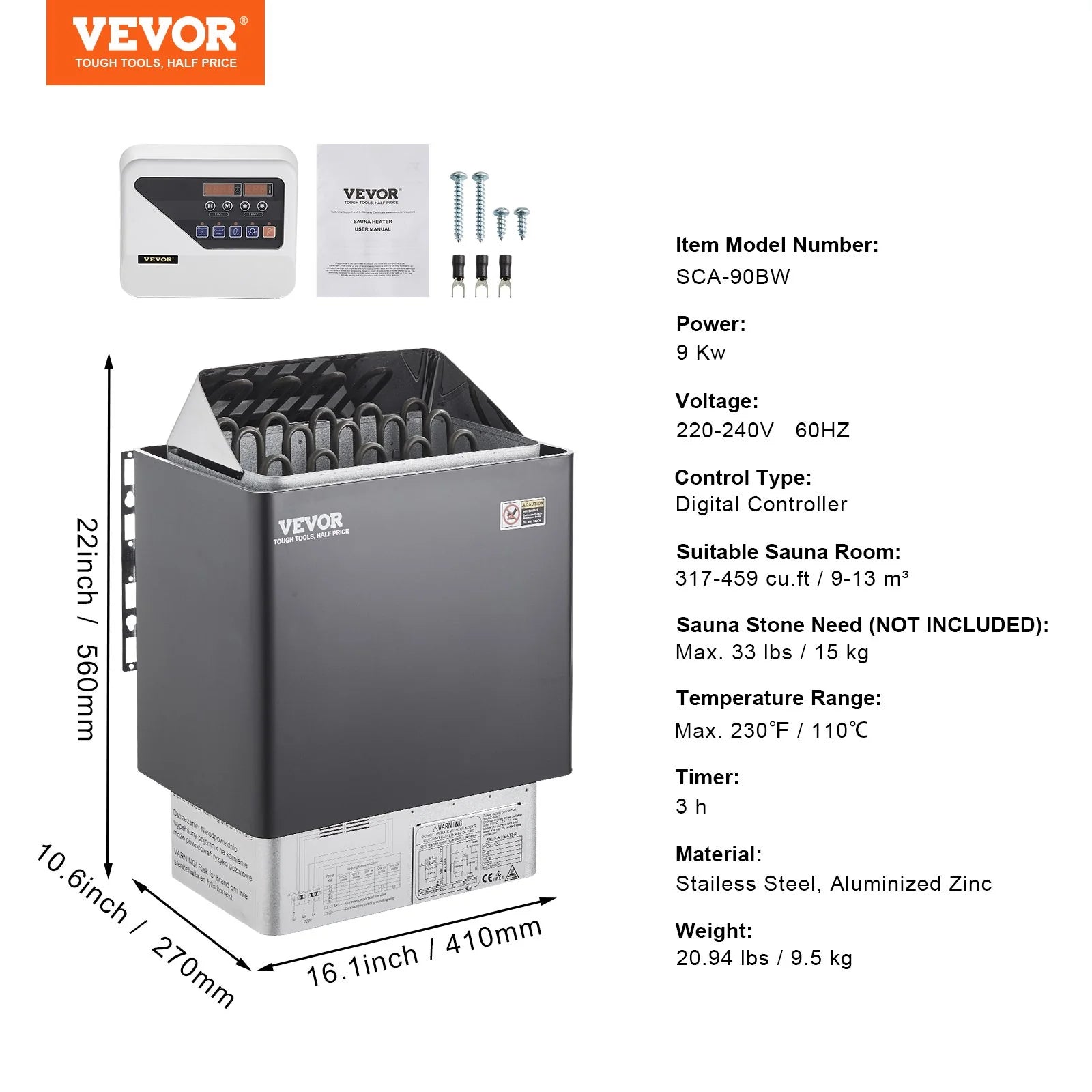 VEVOR Sauna Heater, 9KW 220V Electric Sauna Stove, Steam Bath Sauna Heater with External Digital Controller, 3H Timer and Adjustable Temp for Max. 317-459 Cubic Feet, Home Hotel Spa Shower Use, FCC Certification