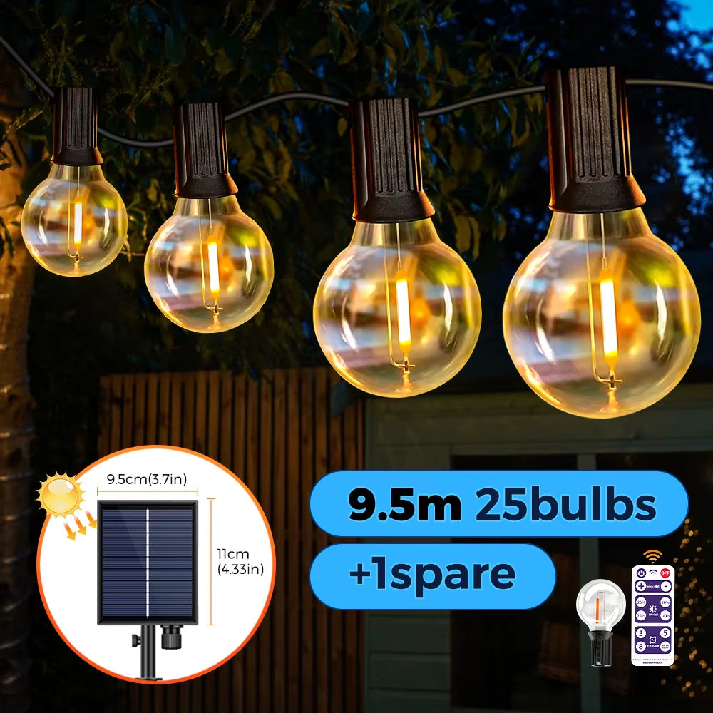 G40 Globe Solar String Lights Outdoor, 8 Light Modes, USB Charge & Remote, Waterproof Plastic Bulbs for Balcony Garland Wedding