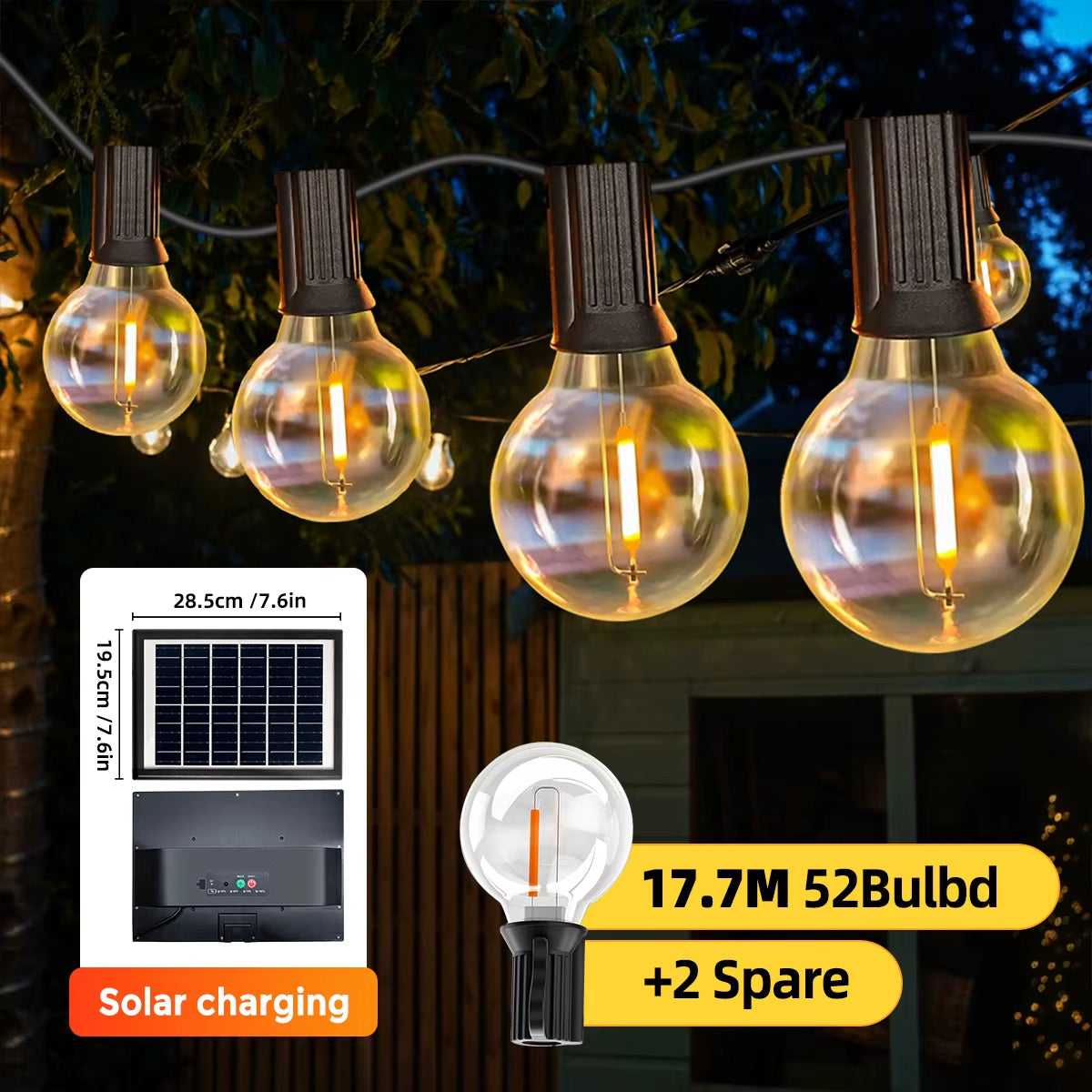 G40 Globe Solar String Lights Outdoor, 8 Light Modes, USB Charge & Remote, Waterproof Plastic Bulbs for Balcony Garland Wedding